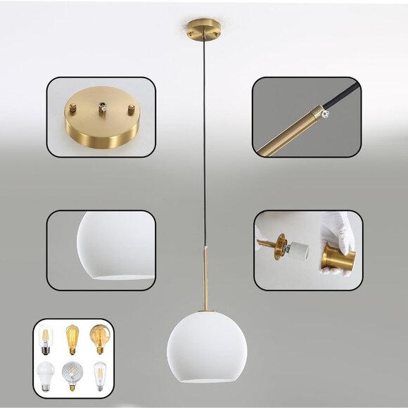 NEW Modern Globe Pendant Light Fixture Mid-Century Glass Ceiling Gold White - Picture 3 of 7